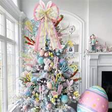 Easter Large Wreath Bows Burlap Wired Ribbbon Bow With Bunny Ears Easter Tree Topper Ornament For Spring Home Holiday Party Outdoor - Pink - View 3