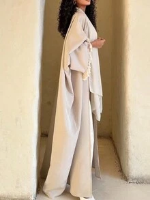1pc Women Minimalist Tassel Cuff Maxi Robe Abaya, Elegant And Fashionable, Modest Kaftan - Beige - View 5