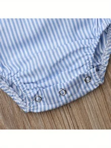 Newborn Baby Boy Girl Bubble Romper Unisex Striped Solid Color Button Jumpsuit Sleeveless Backless Overalls Outfits Summer Fall Clothes - 藍色條紋 - 查看 6