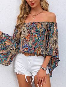 Summer Fashion Vintage Women Paisley Print Elegant Open Shoulder Flare Sleeve Top, Casual Vacation Apparel Off Shoulder 3/4 Sleeve Printed Blouse