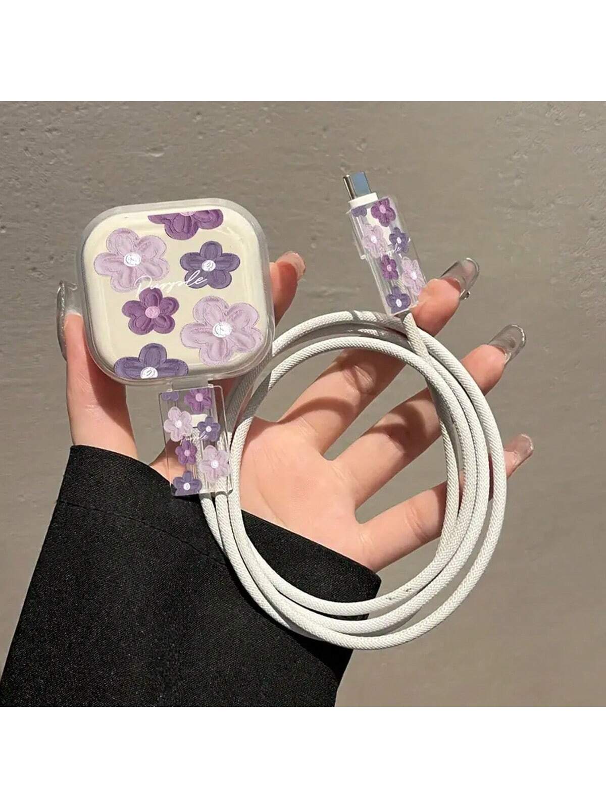 طقم 3 أكمام واقية لكابل شاحن آيفون بتصميم زهور بنف...