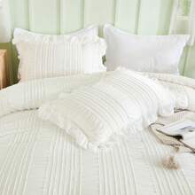 3 Pieces Beige Textured Comforter Set Queen King,Ruffle Farmhouse Shabby Chic Comforter For Queen Bed,Soft Seersucker Boho Bedding Set With 1 Ruffle Comforter,2 Tufted Pillowcases