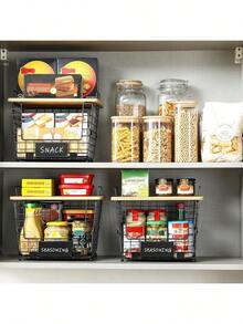 2 Set XL Stackable Wire Basket With Bamboo Tops & Tags- Pantry Organizer And Storage Bins, Kitchen Counter Cabinet Shelf Countertop Under Sink Organizing,  Snack Produce Onion Potato Bread Storage - L - 查看 11