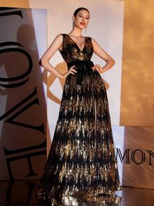 LOVE&LEMONADE Black V-Neck Sequin Slit Cocktail Dress, Party Dress, Wedding Guest Dress, Formal Dress, Evening Dress