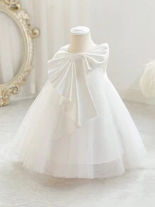 Baby Girls' Bowknot Independent Day Party Tulle Princess Dress Elegant For Girls One Year Old Birthday Gift, Party, Banquet Formal Dress, Festival Celebration Outfit