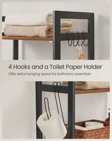 SONGMICS Over-The-Toilet Storage, 3-Tier Bathroom Organizer Over Toilet With Adjustable Shelves, Hooks, Bamboo, Freestanding Space Saver Bathroom Shelves - 鏽棕色 - 查看 2