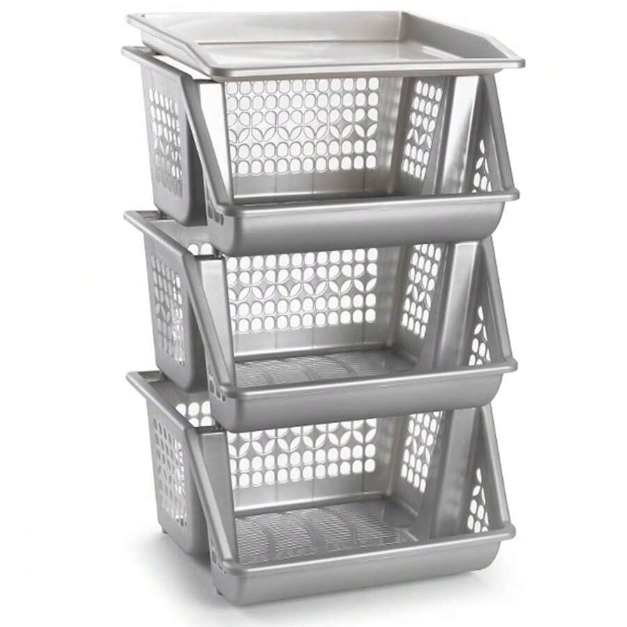 STARLEY-Stackable Vegetable Rack Model PLFT Color White 3 Baskets, 62 X 38 X 29 Cm. Stackable Storage Baskets, Multipurpose Shelves To Organize Domestic Spaces - 灰色 - 查看 1