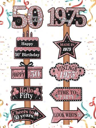 10 件玫瑰金 50 岁生日派对纸质标牌，1975 年复古 50 岁生日派对标牌，玫瑰金 50 岁生日庭院标牌装饰用品，适合女性，适用于室内和室外生日派对装饰，玫瑰金生日快乐草坪标牌（带桩子）50 岁生日庭院装饰，50 岁生日户外草坪装饰，适合生日庆祝，生日派对礼物回礼