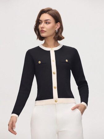 Women's Contrast Color Long Sleeve Button Patchwork Knitted Cardigan, Spring & Autumn