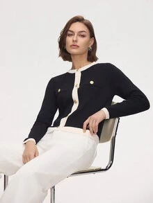 Women's Contrast Color Long Sleeve Button Patchwork Knitted Cardigan, Spring & Autumn - Black - View 3