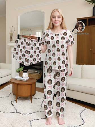 3 piezas Conjunto de pijama cómodo, suave, de cuello redondo, colorido, lindo, adorable, sencillo, divertido, personalizado, único, ideal como regalo para él, novio, novia, familia, amigos, abuelos, niños, ella