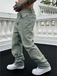 Retro Washed Denim Wide-Leg Jeans, Street Style - Blue - View 2