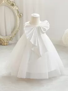 Baby Girls' Bowknot Independent Day Party Tulle Princess Dress Elegant For Girls One Year Old Birthday Gift, Party, Banquet Formal Dress, Festival Celebration Outfit