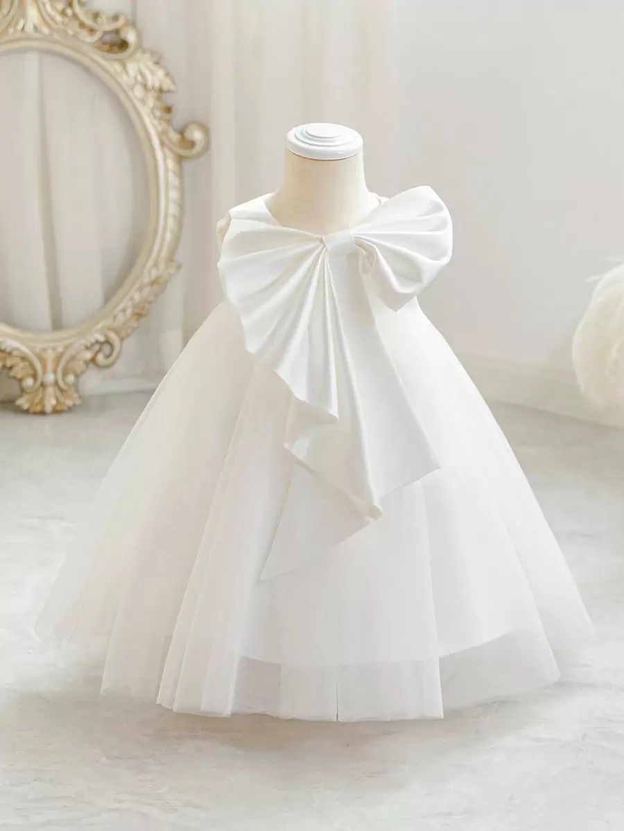 Baby Girls' Bowknot Independent Day Party Tulle Princess Dress Elegant For Girls One Year Old Birthday Gift, Party, Banquet Formal Dress, Festival Celebration Outfit