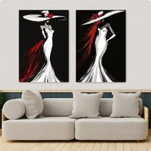 2 piezas Pósteres de arte de pared autoadhesivos con figura femenina elegante y estilosa que incluye vestido de noche de falda trompeta blanca, sombrero de ala ancha. Diseño autoadhesivo, fácil de instalar, para decoración