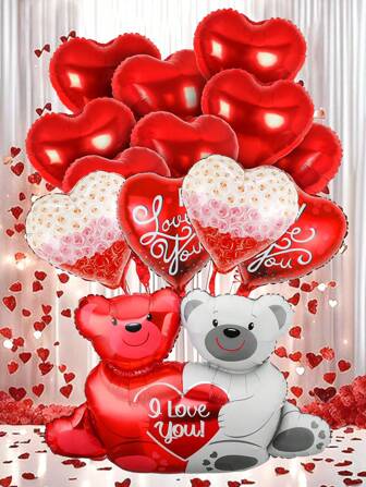 10 件情人节气球装饰套装，包括熊抱玫瑰气球、我爱你气球和红色心形气球，适合情人节派对、求婚、婚礼、周年庆典、浪漫装饰、生日