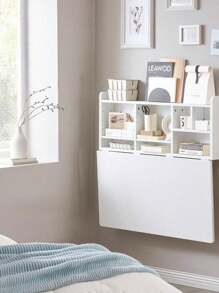 SoBuy FWT07--W, Folding Wall-Mounted Drop-Leaf Table Desk Integrated With Storage Shelves, Wall Desk Table Computer Desk, White - White - View 9