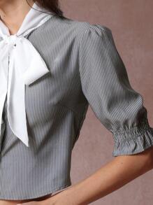 Women Striped Tie Collar Bow Short Sleeve Casual Shirt, Office/Work Wear, Spring - Grey - View 6