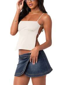 Womens Summer Mini Skinny Sling Vest Solid Color Sleeveless Backless Tie Up Crop Tops Spaghetti Strap Camisoles - trắng - Xem 10