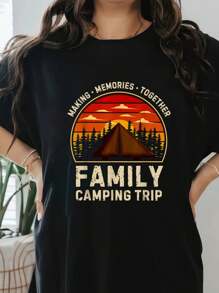 Vintage Camper Camp Family Camping Trip 2025 Matching Crew T-Shirt Print T-Shirt, Short Sleeve Round Neck Casual Top For Summer & Spring, Women's Clothing - 黑色 - 查看 1