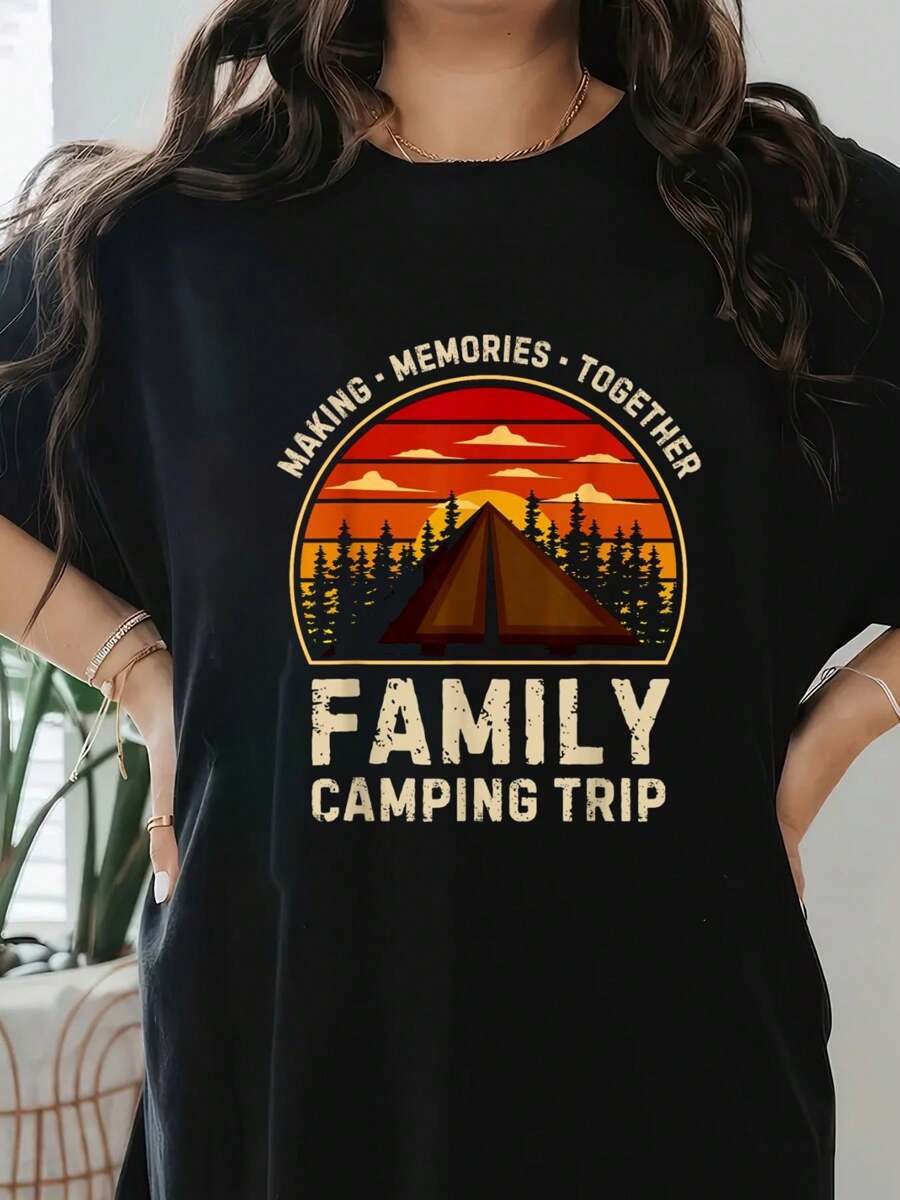 Vintage Camper Camp Family Camping Trip 2025 Matching Crew T-Shirt Print T-Shirt, Short Sleeve Round Neck Casual Top For Summer & Spring, Women's Clothing - 黑色 - 查看 1