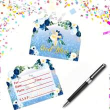 10/20/30 洗礼蓝花主题，派对邀请卡，主题派对卡，洗礼派对邀请函，派对邀请卡