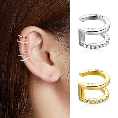 bamoer 1 pieza Ear Cuff Pendiente de Clip de Plata de Ley 925 para Mujer Tono Dorado de Doble Capa Joyas de Moda Pendientes Pequeños con Rhinestone