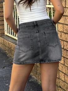 女士纯色修身口袋装饰休闲百搭牛仔迷你裙 夏季 - 灰色 - 查看 4