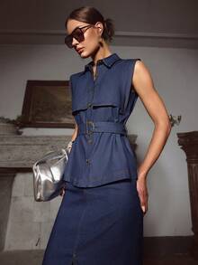 Sollinarry Women's Summer New Sleeveless Button Front Crop Top And Skirt Suit Set, Fashionable Commuter Outfit, Office Outfits For Women, Denim Effect Style