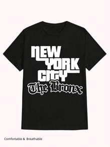 Cool New York City Graphic Design ,Casual Print,Comfortable And Versatile,Letter Pattern Pure Cotton 220g Printed T-Shirt - 黑色 - 查看 1