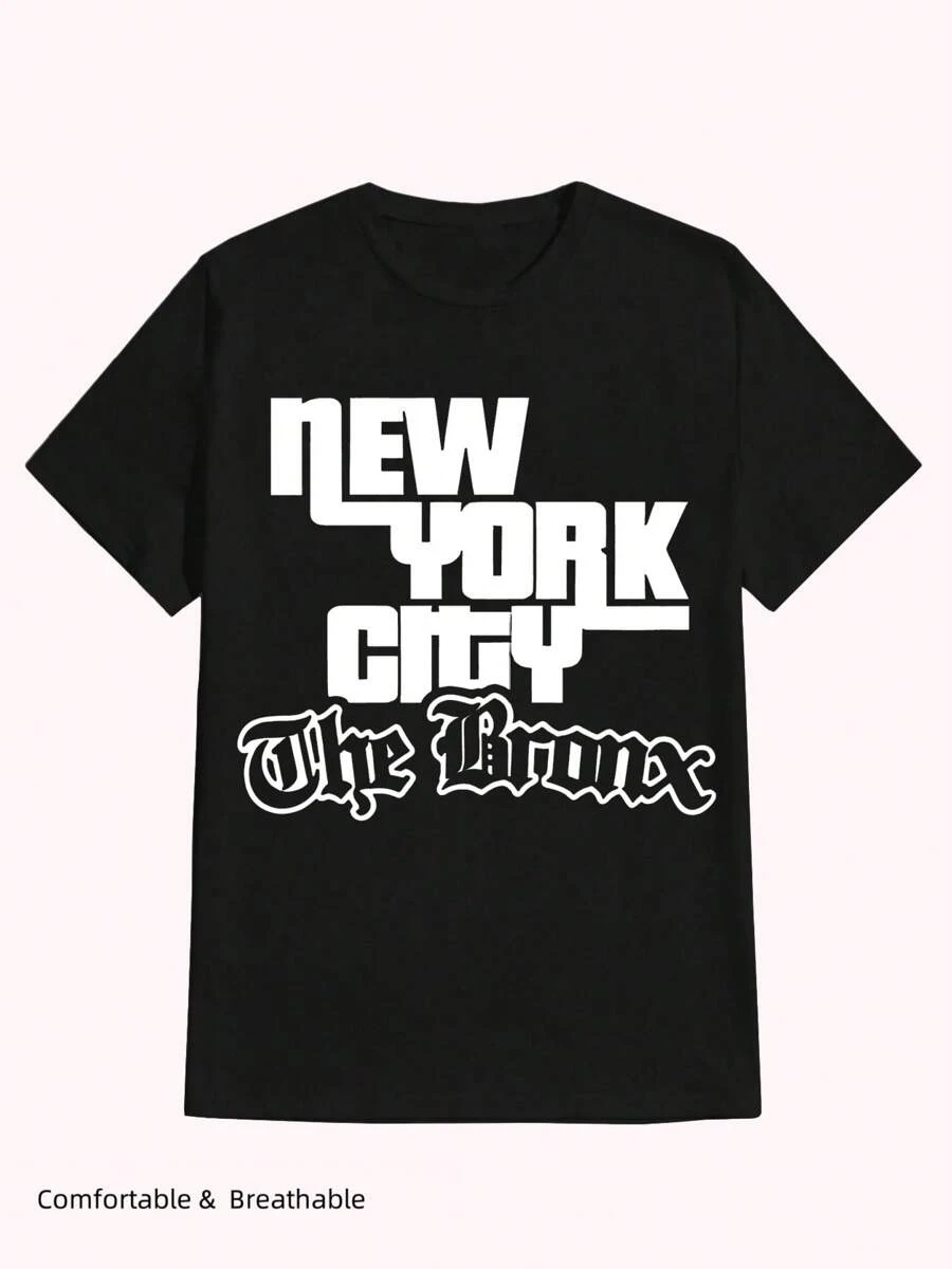 Cool New York City Graphic Design ,Casual Print,Comfortable And Versatile,Letter Pattern Pure Cotton 220g Printed T-Shirt - 黑色 - 查看 1
