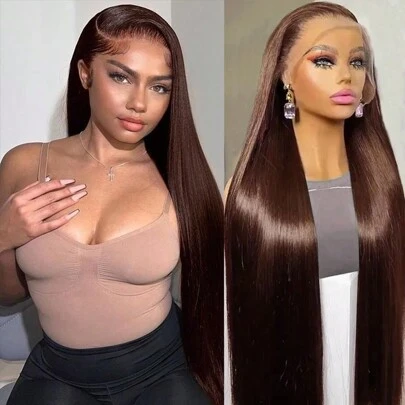 PAZAT 200 密度棕色假发浪漫礼物棕色直发蕾丝前假发真人发巧克力棕色蕾丝前假发直发 13x4 高清透明蕾丝前假发真人发预拔假发真人发 4# 短鲍勃假发（6 英寸）