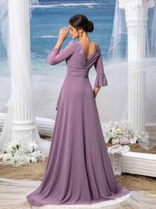 Faeriesty Mosy Elegant 3/4 Sleeves Asymmetrical Ruffles Hem Chiffon Party Dress Mother Of The Bride Dress - Mauve Purple - View 3