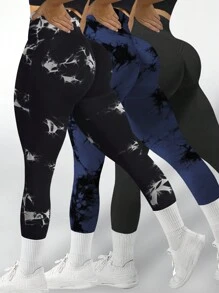 Pantalón deportivo de 3 piezas con efecto tie-dye para mujer, de cintura alta que levanta el trasero, transpirable, versátil para uso diario y deportivo
