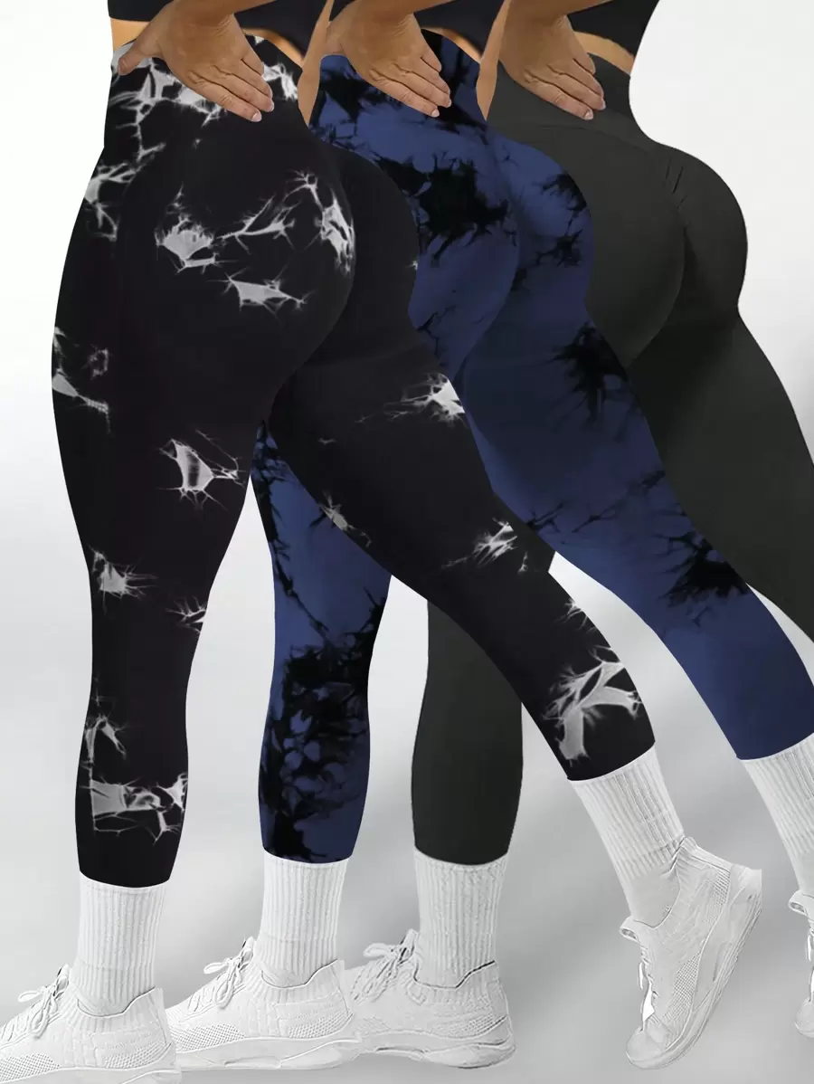 Pantalón deportivo de 3 piezas con efecto tie-dye para mujer, de cintura alta que levanta el trasero, transpirable, versátil para uso diario y deportivo