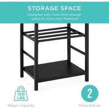 5-Piece Indoor Outdoor Wrought   Firewood Log Storage Rack Holder Firepit Tools Set For Fireplace, Fire Pit, Stove W/Hook, Broom, Shovel, Tongs - Black