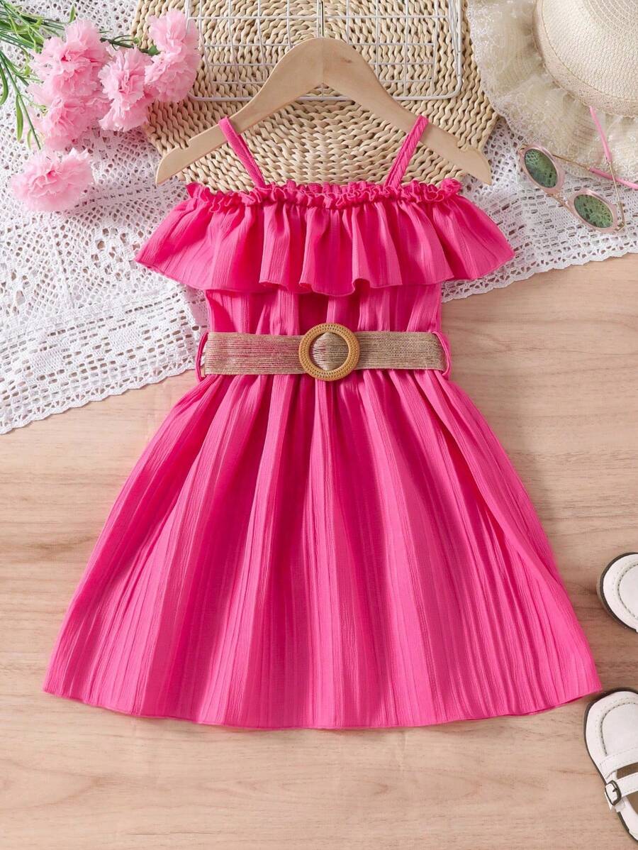 Young Girl Solid Color Ruffle Ruffle Casual Dress - Hot Pink - View 1