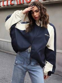 Chamarra Mujer Impermeable Para Lluvia Chaqueta Rompevientos,Los de otoño e invierno de bloqueo de color frontal,Chaqueta Sport Ligera - Azul Marino - Ver 5