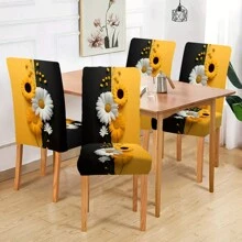 2/4/6pcs Black And Yellow Stretchable Chair Covers, Classic Daisy Print Pattern Polyester Removable Washable High Elastic Chair Cover, For Home, Office, Restaurant, Banquet Decoration - Multifunctional Furniture Protector - Multicolor - View 5