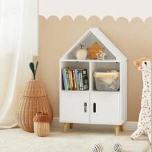 SoBuy KMB58-W KMB58-W, Huisvormig ontwerp Kinderen Boekenkast Boekenplank Speelgoedplank Opbergplank Displayplank Rek met 2 deuren en 3 opbergvakken