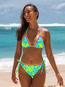 popvil Summer Triangle Floral Printed Shell Trim Beach Vacation Bikini Set - Green - View 4