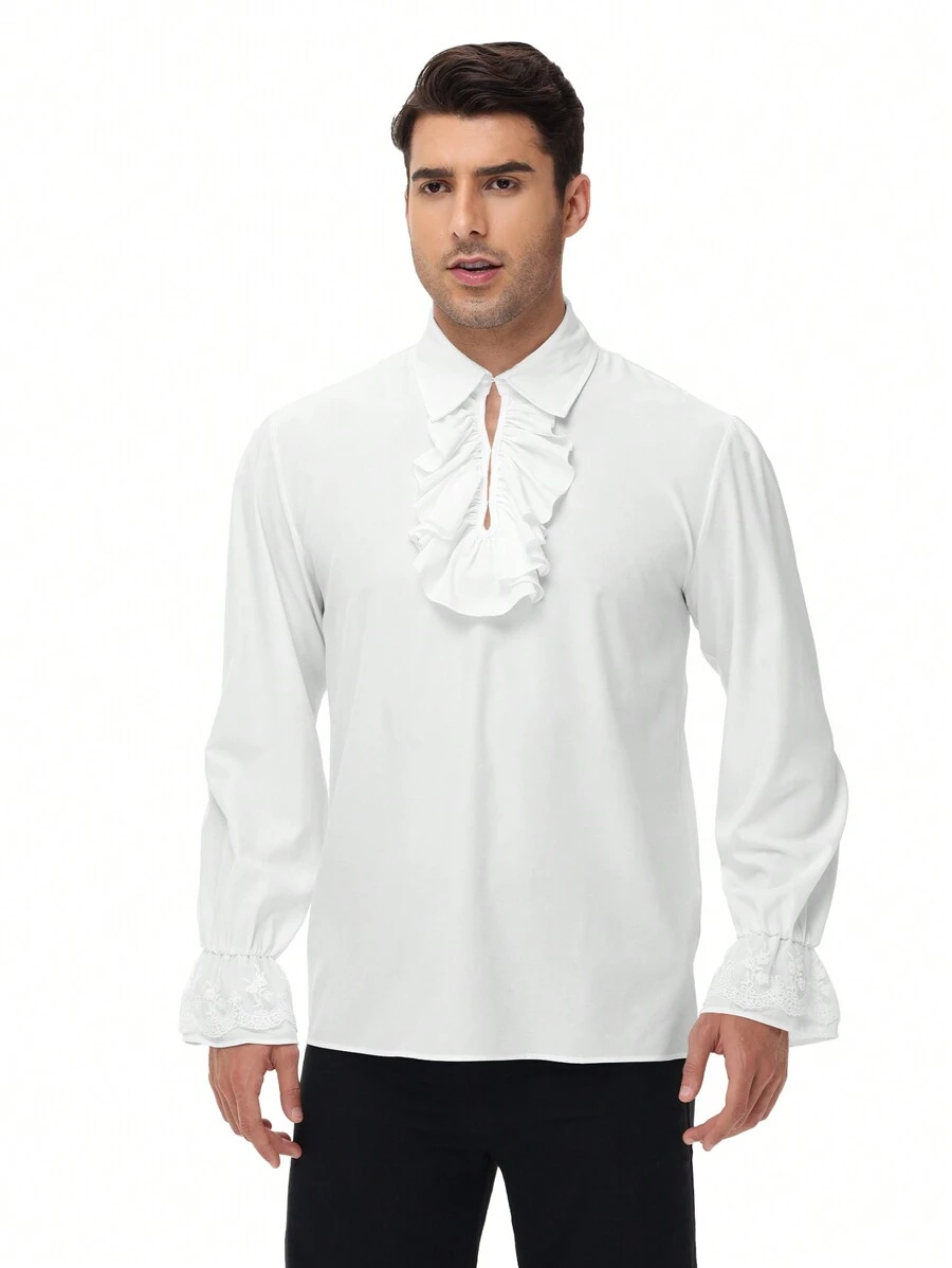 Men's Ruffle Collar Medieval Long Sleeve Shirt, Costume For Holiday Party