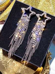 1pair Vintage Gemstone Elegant Sparkling Silver Color Crystal Tassel Earrings For Women Geometric Hanging Drop Party Wedding Jewelry