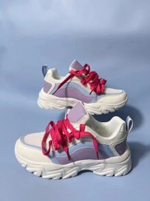 Colorblock Platform Sneakers In Pink And Blue, Lace-Up Thick Sole High Heel Shoes For Women, Casual Spring/Summer New Arrival Student Sport Shoes