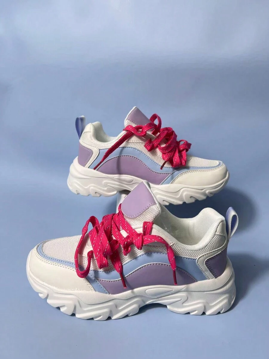 Colorblock Platform Sneakers In Pink And Blue, Lace-Up Thick Sole High Heel Shoes For Women, Casual Spring/Summer New Arrival Student Sport Shoes