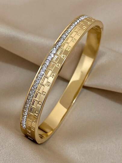 1 件优雅方形水钻手链纹理不锈钢手链适合女士母女可叠戴袖口手链适合派对生日珠宝礼物