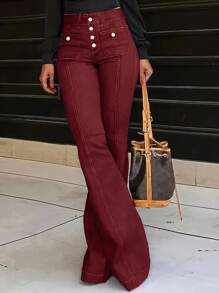 European And American Style New Mid-Waist Skinny Pocket Multi-Button Women's Jeans Flared Pants - 酒紅色 - 查看 2