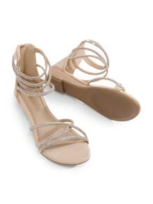 Women'S Ankle Strap Rhinestones Low Wedge Sandals Strappy Zip Closure Dressy Gladiator Flat Sandals - Màu be - Xem 6