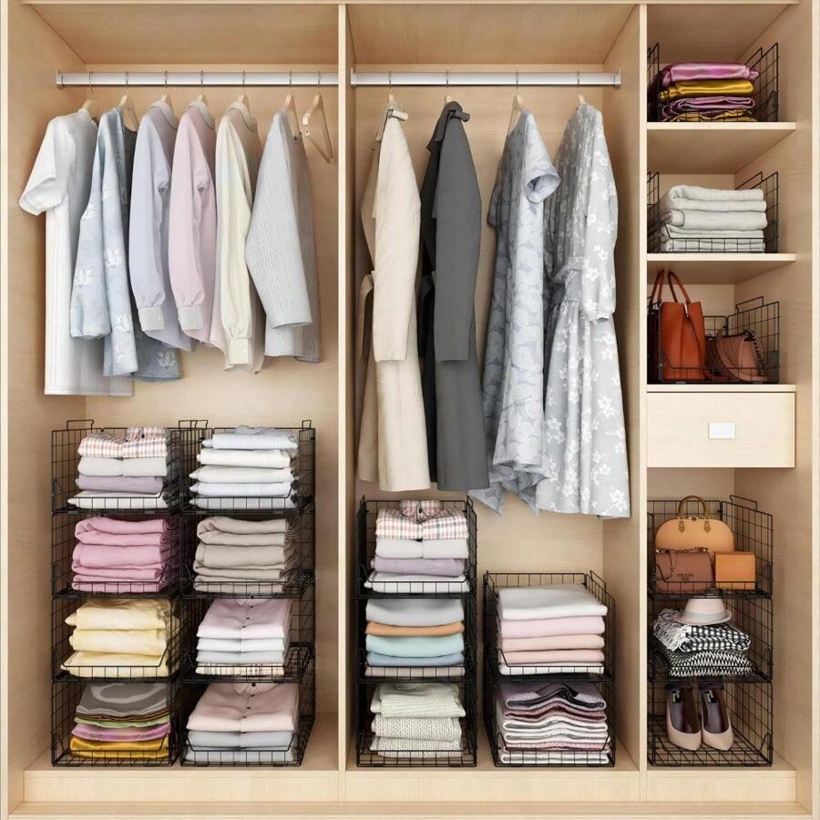 Stackable Closet Organizers And Storage Bins 4 Pack, Sturdy Metal Clothes Storage Container For Clothes Pants Sweaters, Black Folded Drawer Shelf Organizer For Closet Wardrobe - Black - View 1