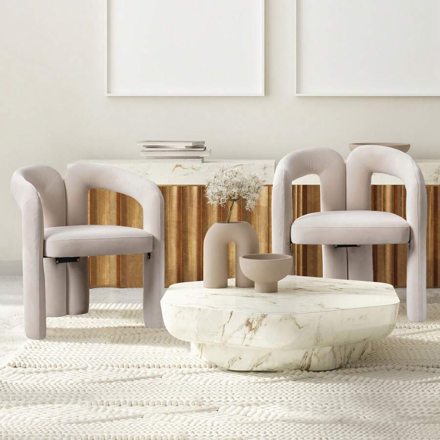 Velvet Modern Design Dining Chairs, Upholstered Decorative Chairs/Dining Chairs/Bucket Side Chairs, Living Room Kitchen Armchair 2-Piece/Set Leisure Chairs,For The Wardrobe In The Dining Room - 米色 - 查看 1